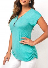Cyan tops,Plain Color tops,Quarter Zip Cyan Side Shirred T Shirt