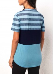 Striped tops,Light Blue Striped Round Neck Short Sleeve T Shirt