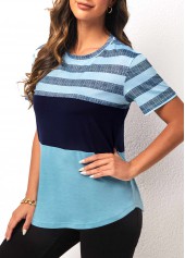 Striped tops,Light Blue Striped Round Neck Short Sleeve T Shirt