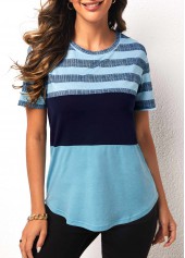 Light Blue Striped Round Neck Short Sleeve T Shirt