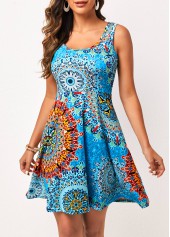 Wide Strap Tribal Print Sky Blue Dress