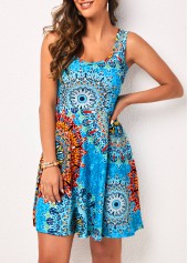 Tribal dresses,Wide Strap Tribal Print Sky Blue Dress