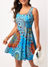 Tribal dresses,Wide Strap Tribal Print Sky Blue Dress