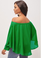 Green tops,Plain Color tops,ROTITA Off Shoulder Asymmetric Hem Layered Green Blouse