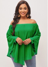 Green tops,Plain Color tops,ROTITA Off Shoulder Asymmetric Hem Layered Green Blouse