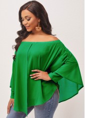 Green tops,Plain Color tops,ROTITA Off Shoulder Asymmetric Hem Layered Green Blouse