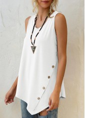 White tops,Plain Color tops,Asymmetric Hem White Decorative Button Tank Top