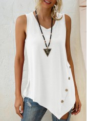 White tops,Plain Color tops,Asymmetric Hem White Decorative Button Tank Top