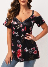 Black tops,Floral tops,Strappy Cold Shoulder Black Floral Print T Shirt