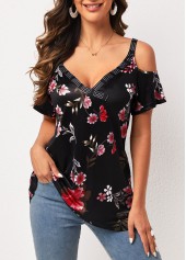 Black tops,Floral tops,Strappy Cold Shoulder Black Floral Print T Shirt