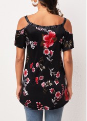 Black tops,Floral tops,Strappy Cold Shoulder Black Floral Print T Shirt