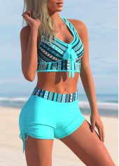Cyan swimwear,Tribal swimwear,ROTITA Tribal Print Striped Mid Waist Cyan Bikini Set