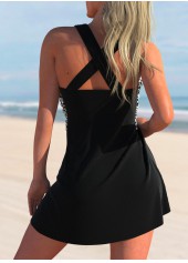 Black swimwear,Geometric swimwear,ROTITA Black Cross Strap Geometric Print Swimdress Top