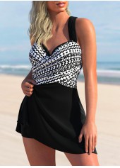 Black swimwear,Geometric swimwear,ROTITA Black Cross Strap Geometric Print Swimdress Top