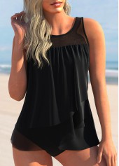 Mesh Stitching Black Layered Hem Tankini Set