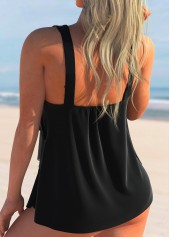 Black swimwear,Plain Color swimwear,ROTITA Mesh Stitching Black Layered Hem Tankini Top