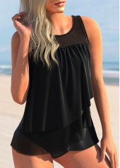 Black swimwear,Plain Color swimwear,ROTITA Mesh Stitching Black Layered Hem Tankini Top