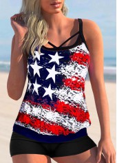 ROTITA American Flag Print Cross Strap Multi Color Tankini Set