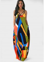 Spaghetti Strap Geometric Print Double Side Pockets Dress