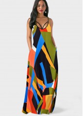 Multi Color dresses,Geometric dresses,Spaghetti Strap Geometric Print Double Side Pockets Dress