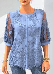 ROTITA Light Blue 3/4 Sleeve Button Up Embroidered Blouse