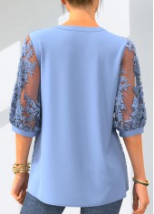 Light Blue tops,Plain Color tops,ROTITA Light Blue 3/4 Sleeve Button Up Embroidered Blouse