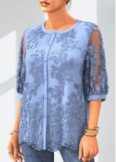 Light Blue tops,Plain Color tops,ROTITA Light Blue 3/4 Sleeve Button Up Embroidered Blouse