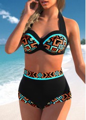 Black swimwear,Tribal swimwear,ROTITA Tribal Print High Waisted Black Bikini Set