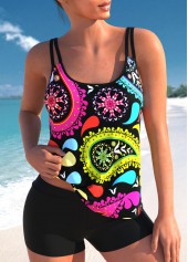 Multi Color plus size,Paisley plus size,ROTITA Paisley Print Plus Size Double Straps Tankini Set 