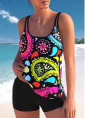 Multi Color plus size,Paisley plus size,ROTITA Paisley Print Plus Size Double Straps Tankini Set 
