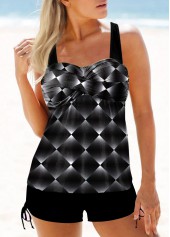 ROTITA Geometric Print Front Cross Black Tankini Set