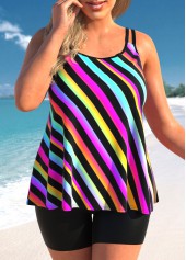 Rainbow Stripe Plus Size Double Straps Tankini Set