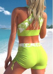 Light Green swimwear,Floral swimwear,ROTITA Light Green Floral Print Cross Strap Bikini Set