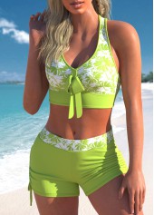 Light Green swimwear,Floral swimwear,ROTITA Light Green Floral Print Cross Strap Bikini Set