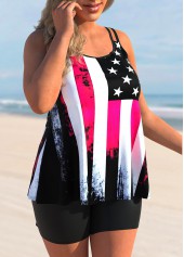 Black plus size,Flag plus size,ROTITA American Flag Print Plus Size Double Straps Tankini Top
