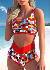 Red swimwear,Geometric swimwear,ROTITA Red Geometric Print High Waisted Bikini Set