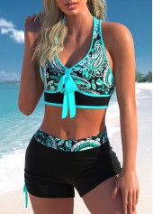 Cyan swimwear,Paisley swimwear,ROTITA Paisley Print Bowknot Cyan Drawstring Bikini Set
