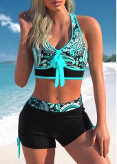 ROTITA Paisley Print Bowknot Cyan Drawstring Bikini Set
