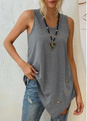Grey tops,Plain Color tops,Asymmetric Hem Grey Decorative Button Tank Top