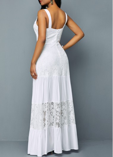 White dresses,Plain Color dresses,ROTITA Button Detail Ruffle Hem Lace Patchwork Dress