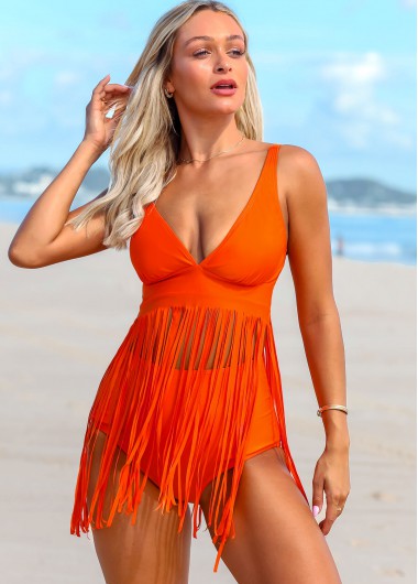 Orange swimwear,Plain Color swimwear,ROTITA Spaghetti Strap Tassel Solid Swimdress and Panty