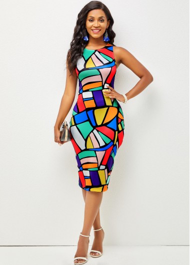 Multi Color dresses,Geometric dresses,ROTITA Round Neck Geometric Print Sleeveless Dress 
