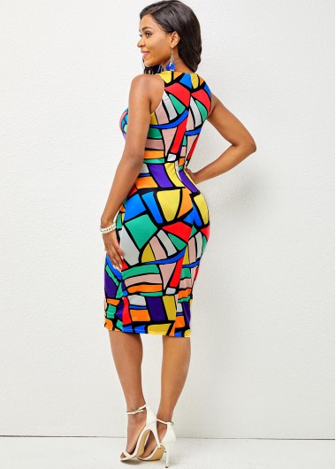Multi Color dresses,Geometric dresses,ROTITA Round Neck Geometric Print Sleeveless Dress 