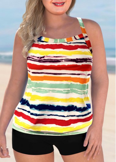 Multi Color plus size,Striped plus size,ROTITA Plus Size Rainbow Stripe Cross Strap Tankini Set