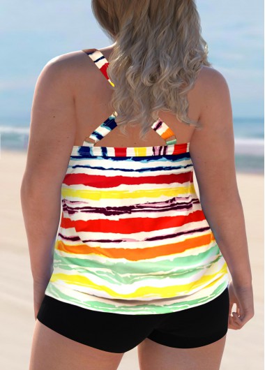 Multi Color plus size,Striped plus size,ROTITA Plus Size Rainbow Stripe Cross Strap Tankini Set