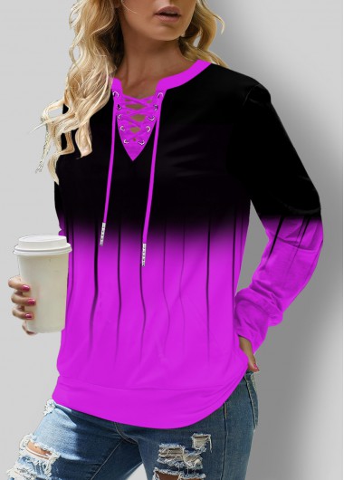 Purple tops,Ombre tops,ROTITA Lace Up Long Sleeve Ombre Sweatshirt