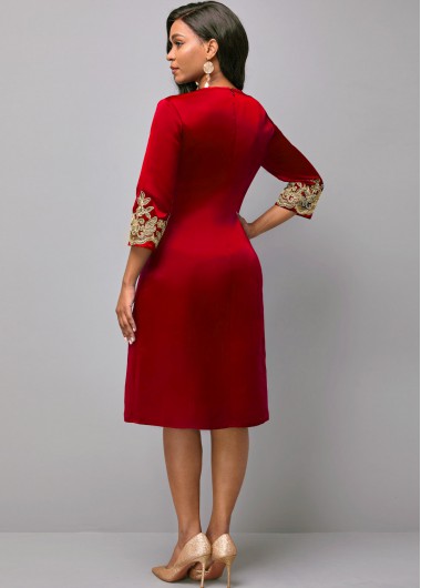 Red dresses,Floral dresses,ROTITA Round Neck Red 3/4 Sleeve Embroidered Dress