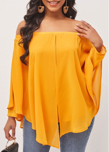 Ginger tops,Plain Color tops,ROTITA Off Shoulder Asymmetric Hem Layered Ginger Blouse