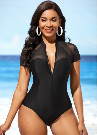 Black swimwear,Plain Color swimwear,ROTITA Mesh Stitching Black Cutout One Piece Swimwear