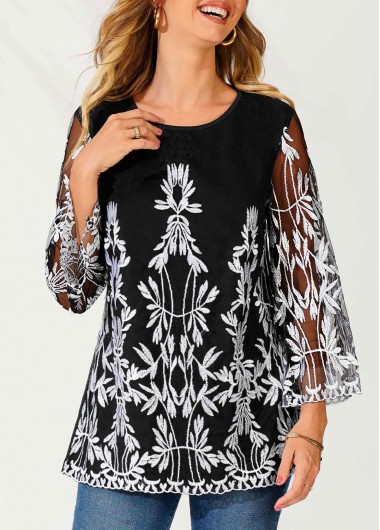 Black tops,Floral tops,ROTITA Embroidered Black 3/4 Sleeve Round Neck T Shirt